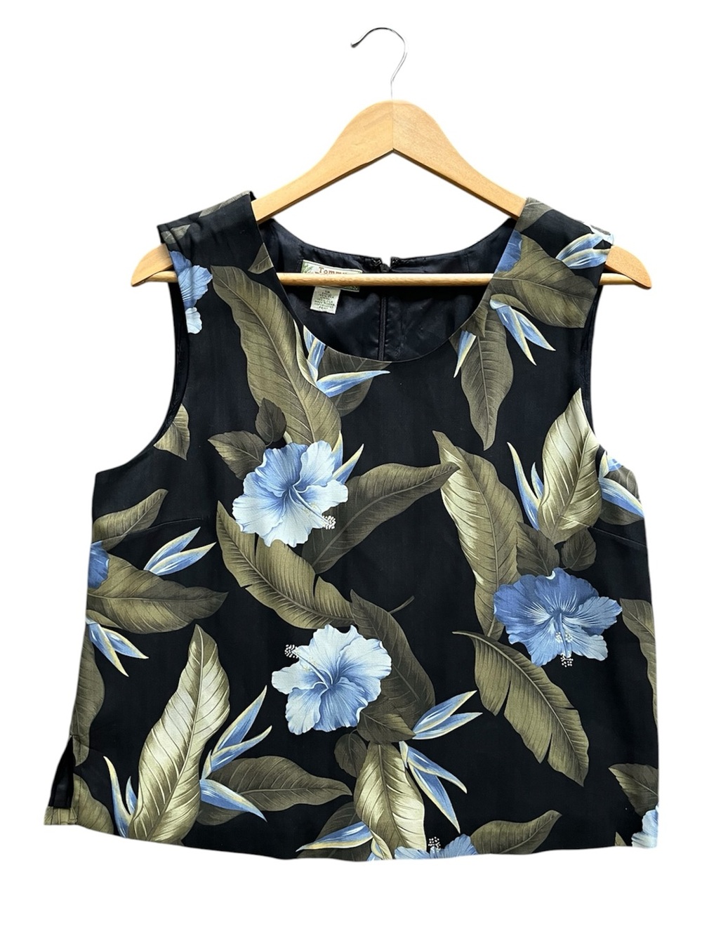 Tommy Bahama Vintage Large Silk Top Blue Floral Hawaiian Zip Back Natural Fiber
